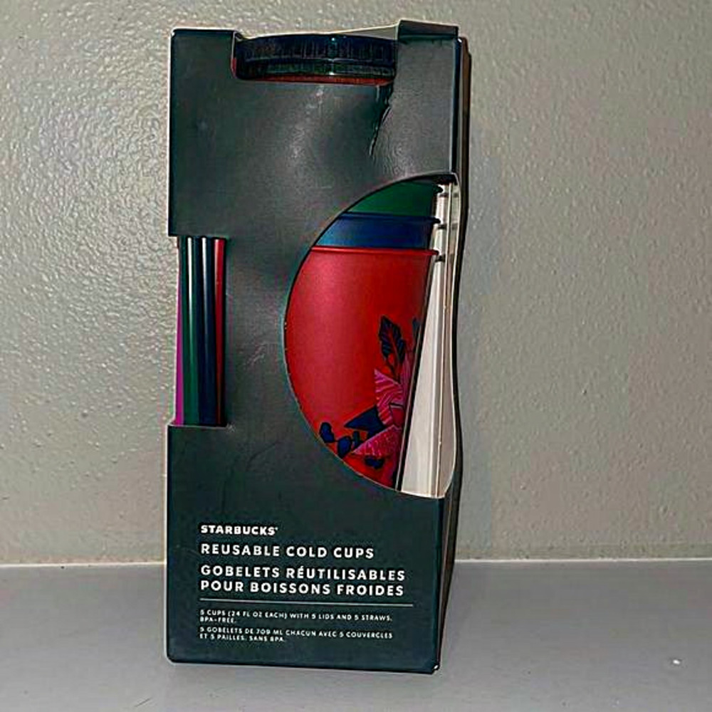 Starbucks Reusable Holiday Christmas (5) 24 oz Cold Cups With Straws Lids‎